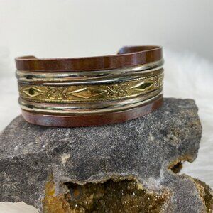 Vintage Three Metal Etched Cuff Bracelet Mexico